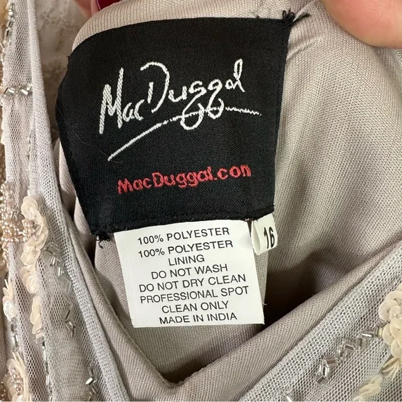 Mac Duggal size 16 Embellished Wrap Over Illusion Long Sleeve A Line Gown Gray - Picture 12 of 16